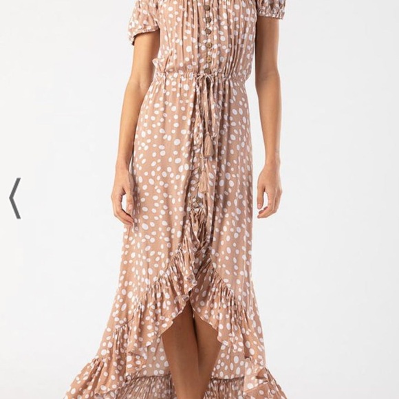 Tiare Hawaii Mocha + White High Low Sundress with Puff Sleeves - Picture 6 of 9